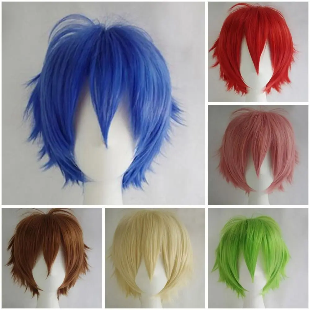 Men Women Multi-Color Short Straight Hairpiece Full Wig for Anime Party Cosplay