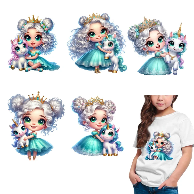 Cute Blue Unicorn Princess Pattern Children's clothing Accessory Iron On Fashion Stickers Heat Transfer Fabric Patches