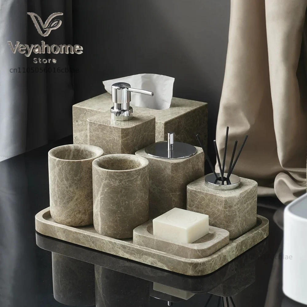 Medieval light luxury coffee marble washbasin bathroom storage tray tissue box aromatherapy bottle bathroom wash set