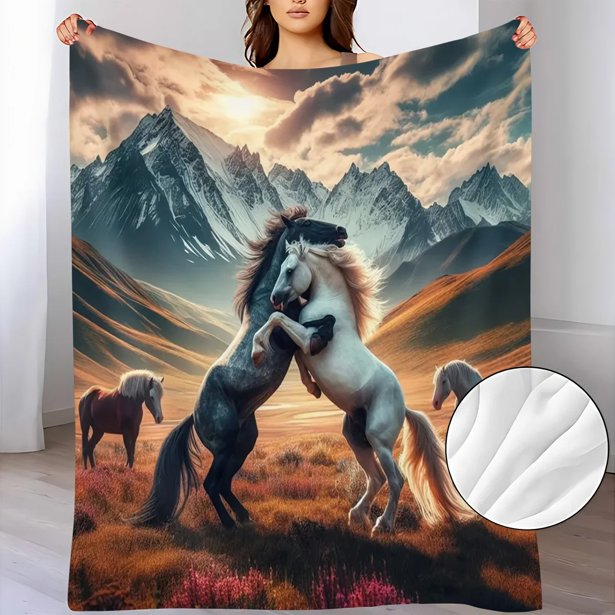 A Soft And Warm Flannel Throw Blanket Featuring a Design of Two Horses Embracing, Perfect for Use on The Sofa, for Home Relaxati