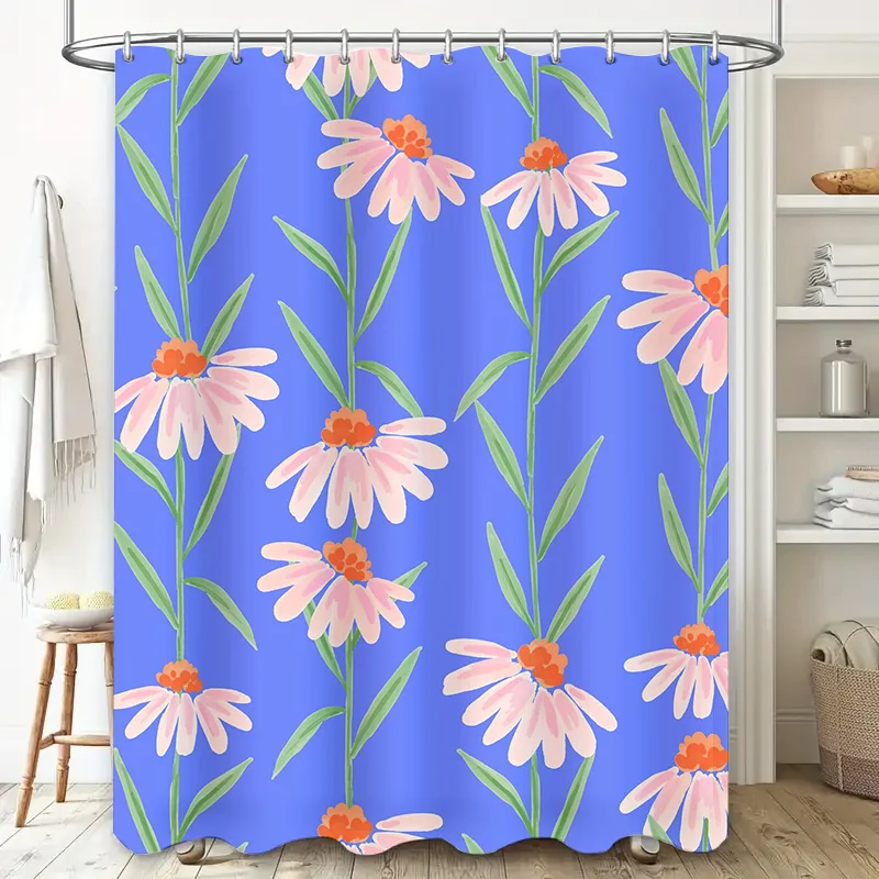 Delightful Pink Floral Shower Curtain Waterproof Polyester Decoration for Bathroom Blue with Flowers Pattern