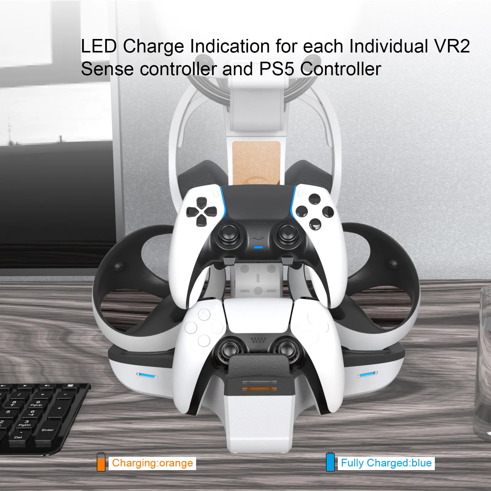 ใหม่ JYS-P5156 สําหรับ PS5 VR2 controller พัดลมระบายความร้อน LED ตัวบ่งชี้การชาร์จความรู้สึก RGB แสงพร้อมขาตั้งหูฟังผู้ถือ