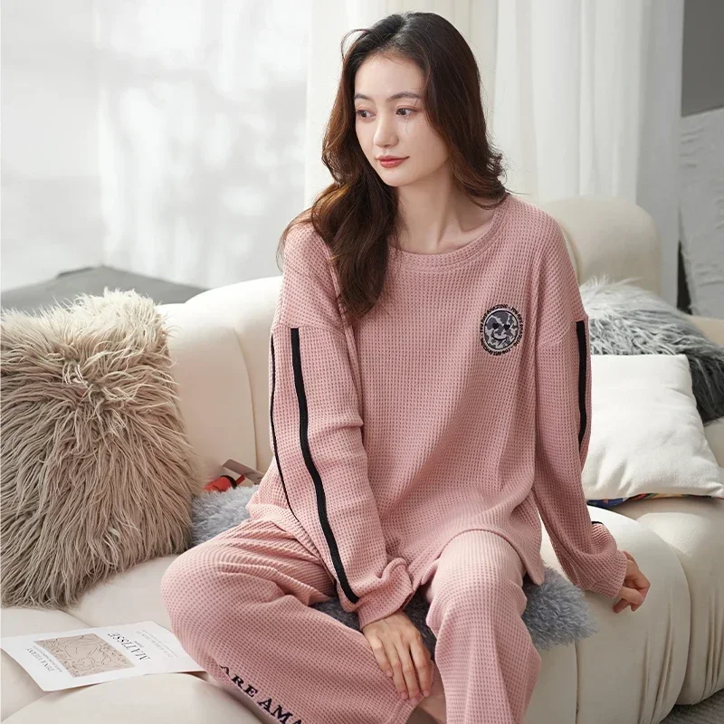 Waffle Cotton Korean Minimalist Style Women Pajamas Spring Autumn Long Sleeves Lady Sleepwear Kawaii Round Neck Homesuits