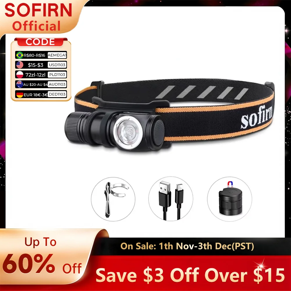 Sofirn HS10 USB C Rechargeable Mini 16340 Headlamp 1100lm TN-3535 90CRI Angle Flashlight TIR Optics with Magnet Tail 2 Groups