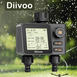 Diivoo Temporizador de manguera de agua 2 salidas con sensor de lluvia y 6 programas de riego separados Temporizador de aspersor de jardín 2 zonas