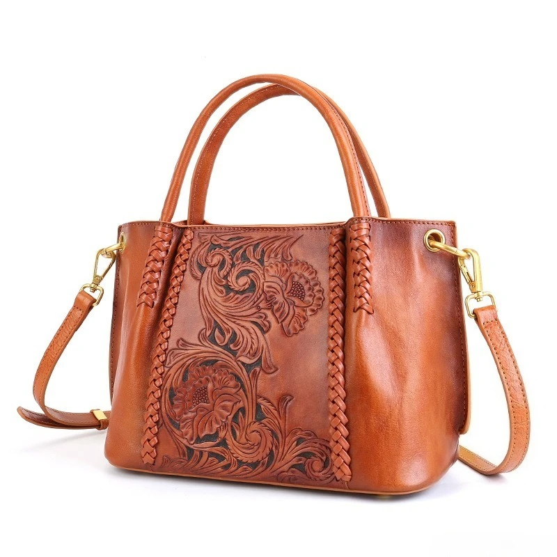 Vintage Tote Bag for Women Top Grain Leather Elegant Everyday Hand Tooled Woven Distressed Finish Adjustable Convertible Strap