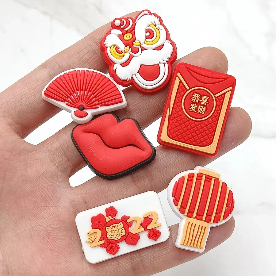 New Year Series PVC Shoe Charms Sandal Accessories Chinese Style Lion Fan Lantern Diy Shoe Buckle Decoration Upper Pins Badge