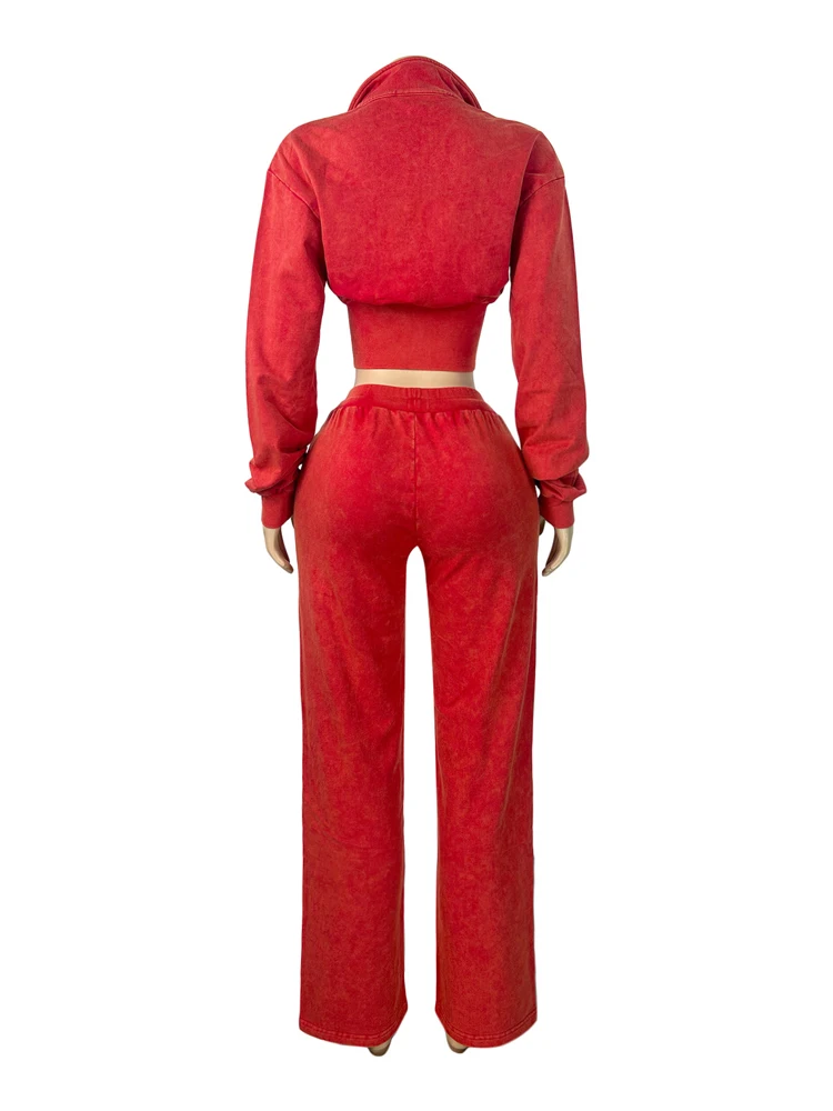 JENYAGE Damen 2-teiliges Vintage-Outfit, Stretch-Crop-Top mit Reißverschluss vorne, elastische Hose mit Kordelzug und weitem Bein, lässiges Loungewear-Set – Detail 10