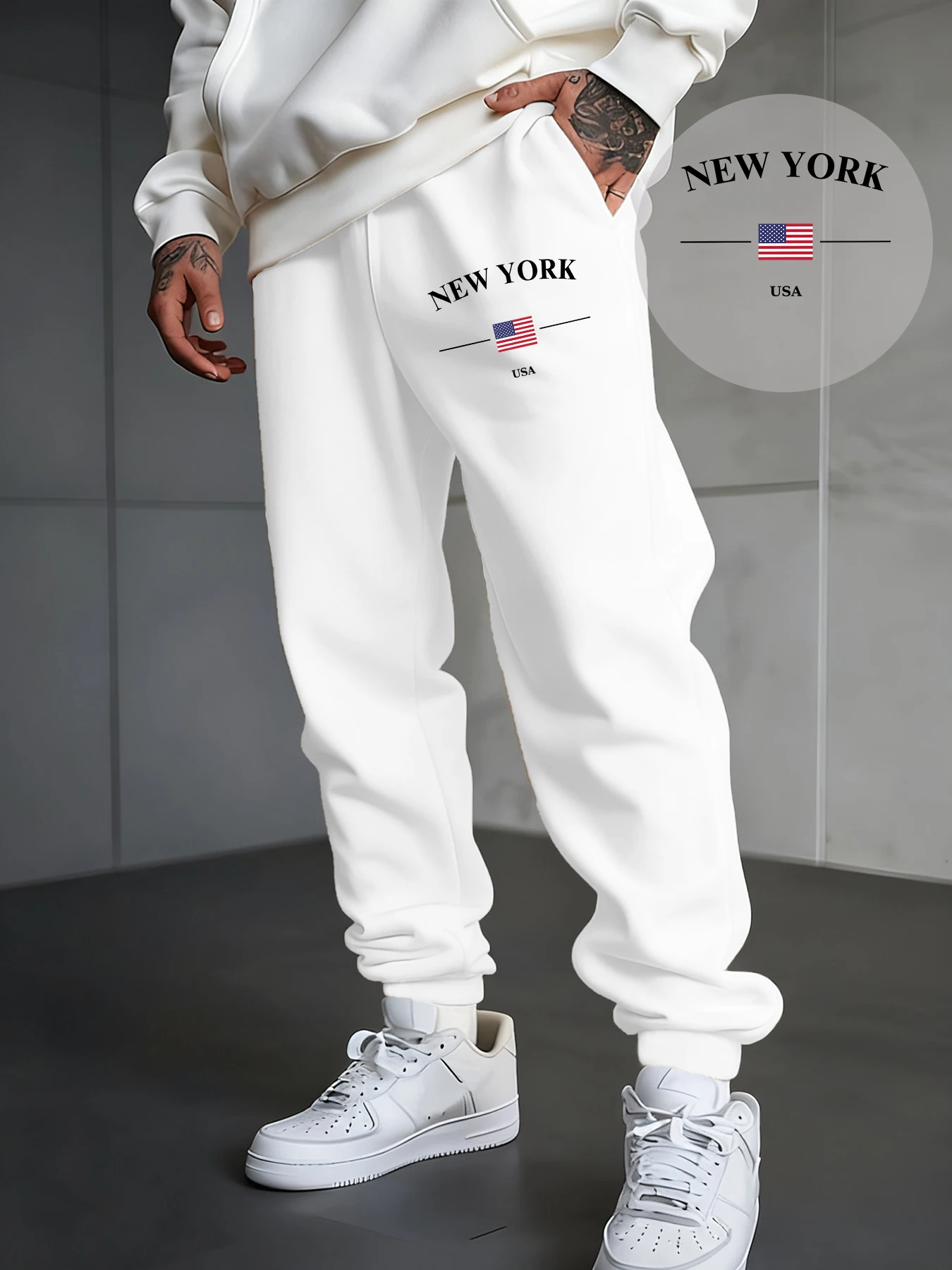 

New York Usa Flag Printed Men Sweatpants Casual Fleece Jogging Pants Versatile Pocket Sportswear Autumn Trendy Long Pant