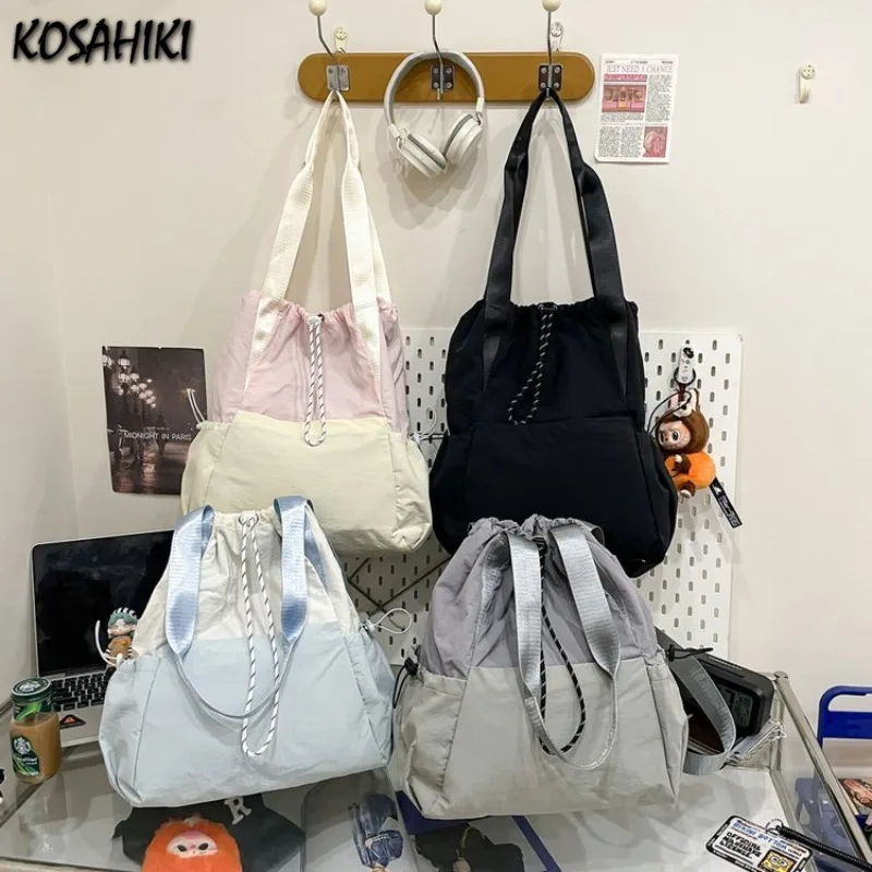 

Лоскутные контрастные цветные плиссированные рюкзаки на шнурке для женщин и мужчин, повседневные дорожные сумки подмышки, новые уличные сумки на плечо Y2k