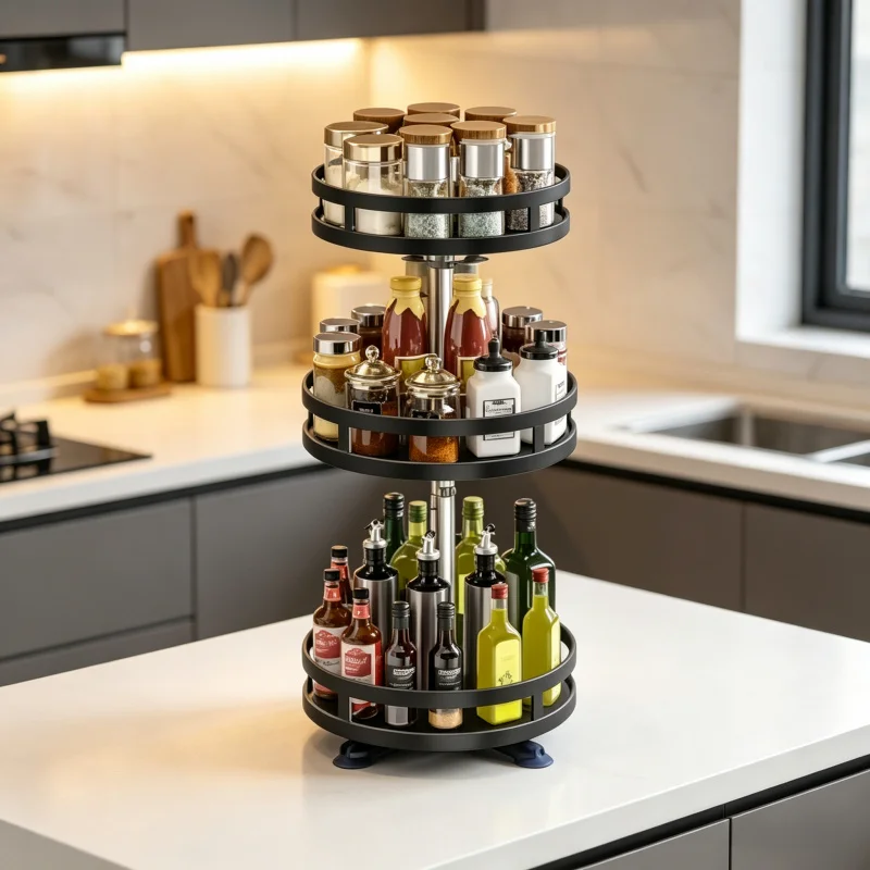 360 Degrees Rotatable Kitchen Storage Turntable, Multifunctional Spice Storage Rack, Non-Slip Condiment Organizer