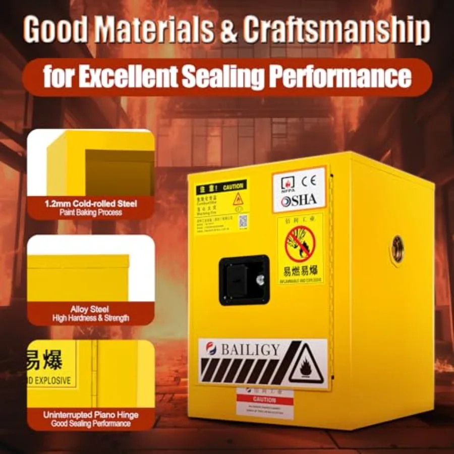 خزانة تخزين قابلة للاشتعال سعة 4 جالون، صندوق مانع للتسرب مقاوم للحريق مع باب يدوي ورف قابل للتعديل، قفل باب ربط 3 نقاط مثالي