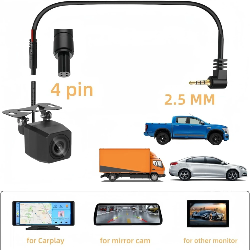 KQQ 1080P AHD Rear Camera 4 Pin 2.5mm Jack Reverse Image Cam Only for Dash Cam Carplay Support CVBS CVI TVI Format