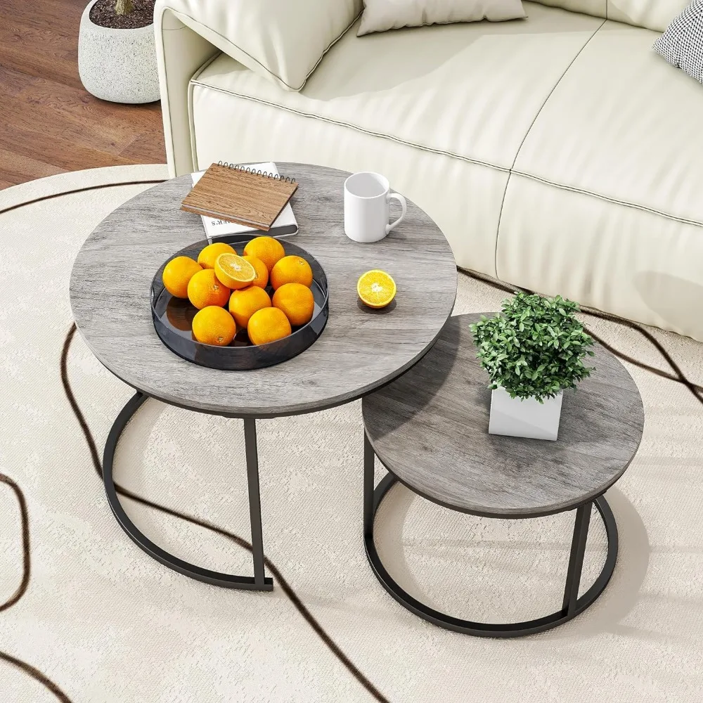 

Coffee Table Set of 2, End Table for Living Room, Wood Look Accent Round Table with Metal Frame, Stacking Side Tables