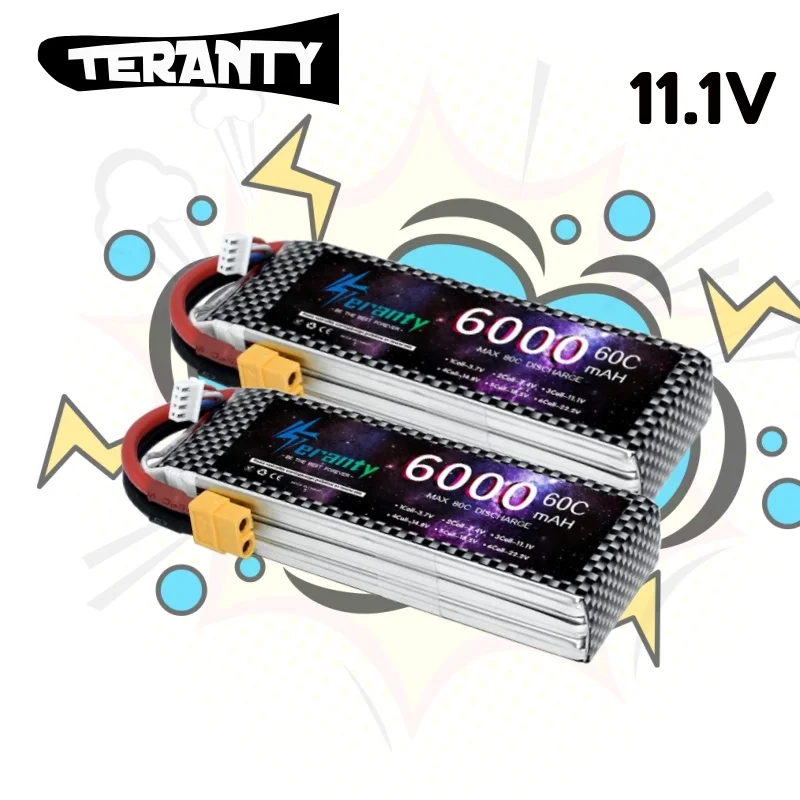 2PCS 11.1V 3S 6000mah Lipo Battery 60C Rechargeable High Rate for RC Model Car Truck Boat Outdoor Power Airplane Drone Teranty