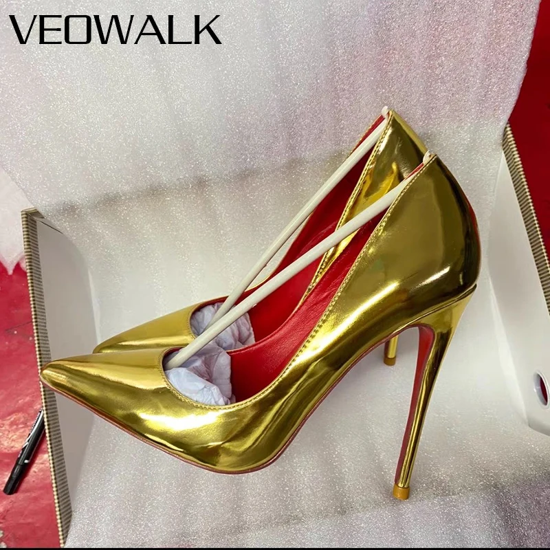 

Новые женские туфли Veowalk с металлическим золотым покрытием, заостренным носком, на шпильке, блестящие, лакированные, модные, на высоком каблуке 12 см, для вечеринок, свадеб и торжественных мероприятий