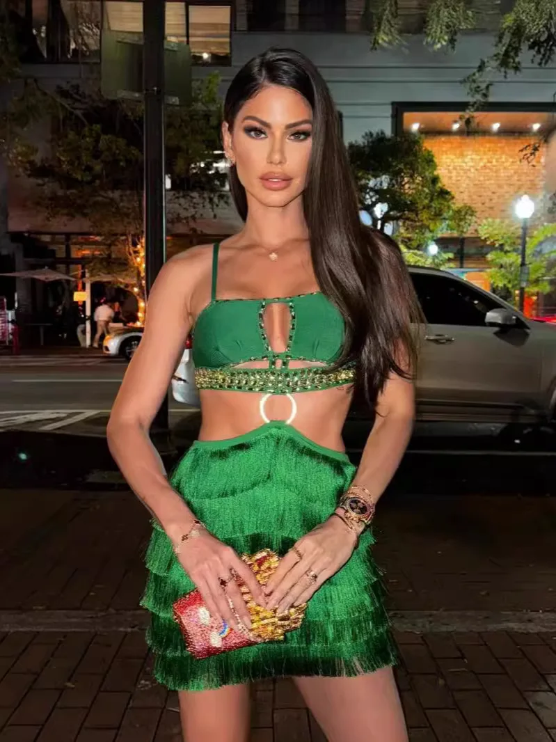 

2025 Women Celebrity Sexy Sleeveless Cut Out Feather Green Dress Elegant Evening Party Club Dress Vestido