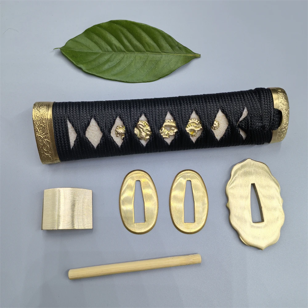 High Quality A Set Japanese 15CM Tsuka Handle Real Stingray Skin Rayskin Brass Carved Fuchi Kashira Menuki Tsuba Habaki Fittings