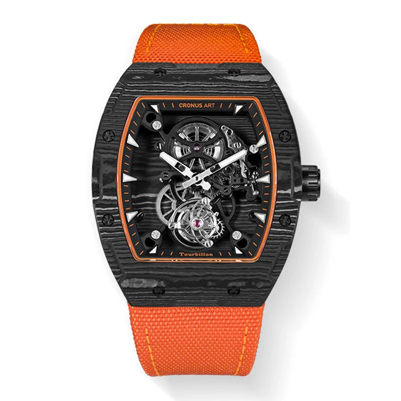 CRONUSART Men Tourbillon Watch Tonneau Mechanical Wristwatch Carbon Fiber Case Sapphire Mirror Luminous Skeleton Dial