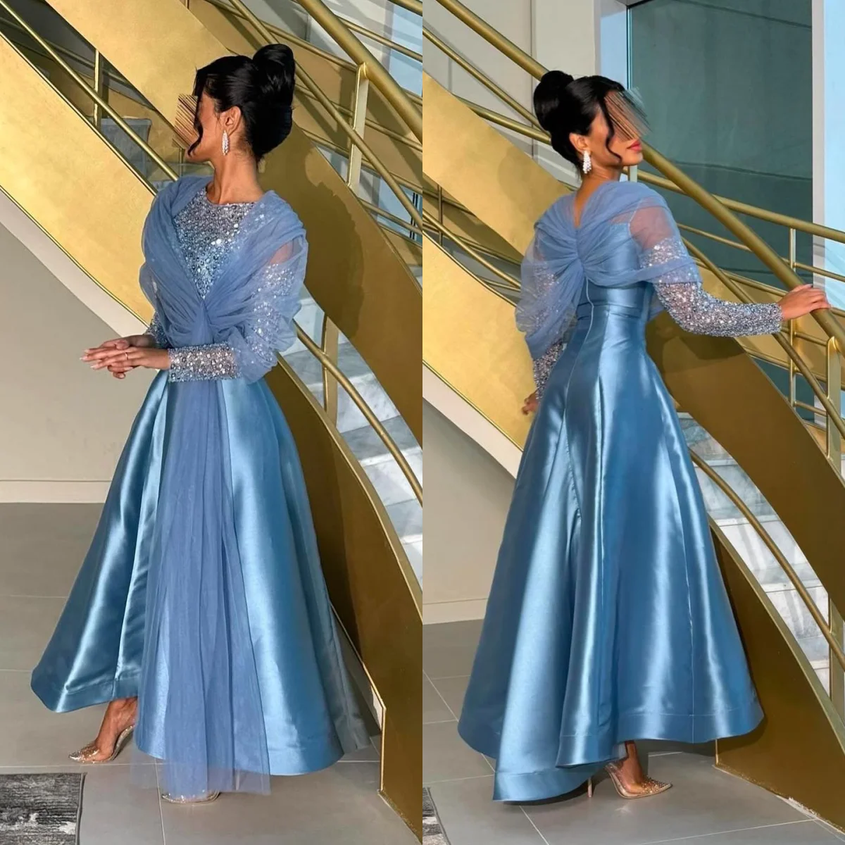 

A Line O Neck Evening Dresses Gorgeous Sequines Women Vestido de Fiesta Customized Brithday Stain Full Sleeve Prom Gown