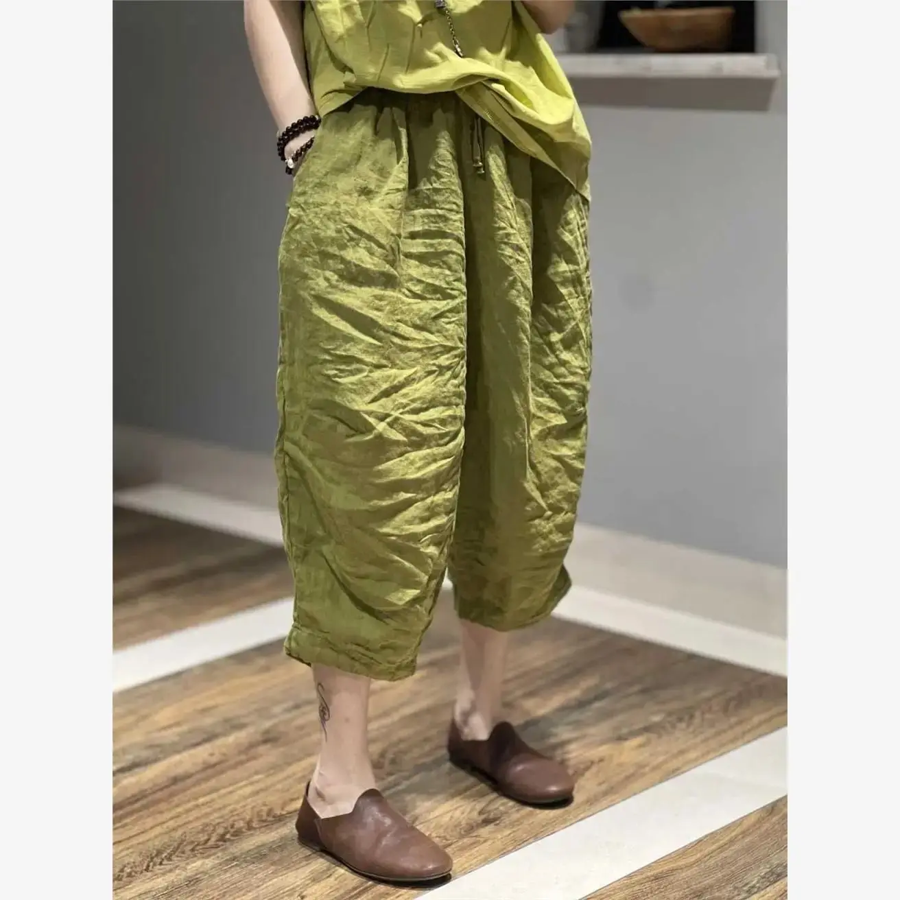 

High Waist Cotton Linen SevenFoot Pants Women Summer Large Cleanfit Sle Casual Pants for Middle-Aged Women