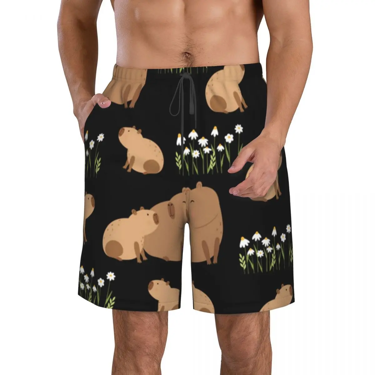 

Мужские плавки с капибарой и цветами и листьями, быстросохнущие пляжные шорты с карманами, пляжные брюки, купальник