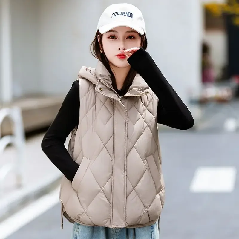 Padded Cotton Vest for Women Quilted Loose Black Hooded Waistcoat Woman New Outerwear Elegant Cold Lightweight Working Casual