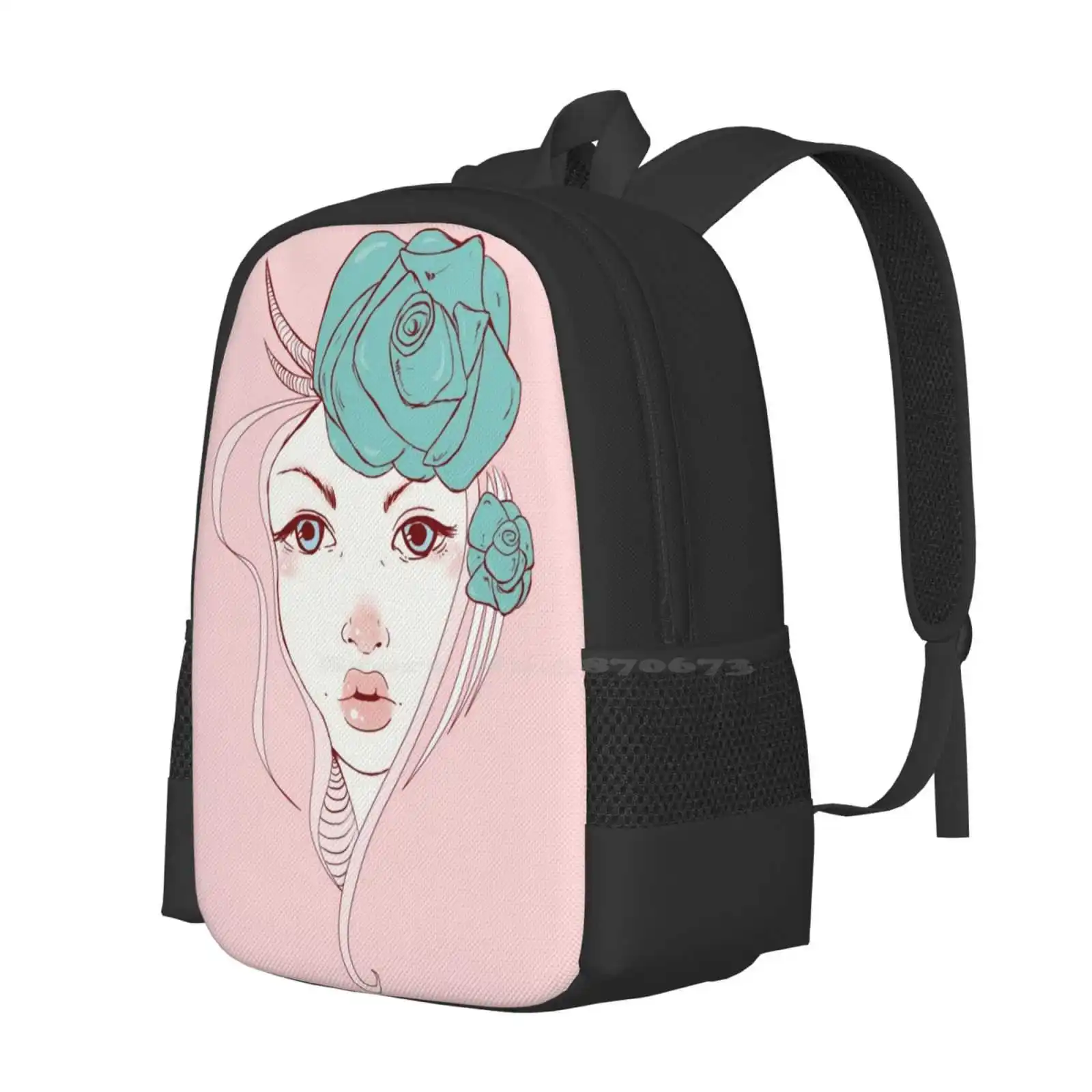 Roses Teen College Student Backpack Pattern Design Bags Baby Cute Eyes Face Girl Glow Lips Lovely Roses Young