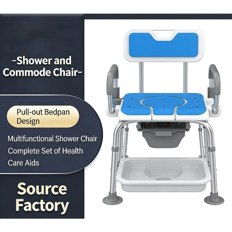 3-in-1 Height-adjustable Durable Lightweight Aluminum Modern Commode Shower Chair Anti-slip High Weight Capacity Elderly