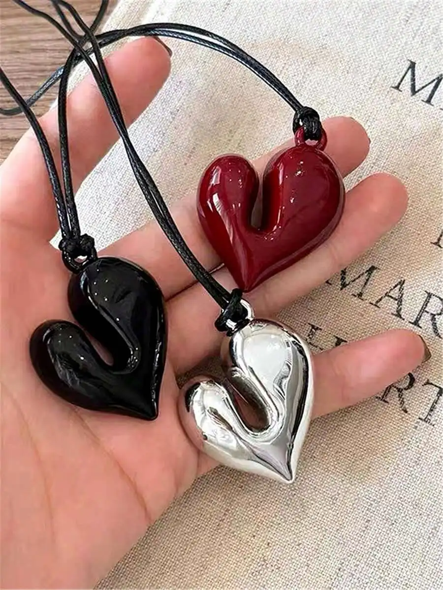 1 unidad de collar largo con cadena para suéter, asimétrico, con forma de corazón, de cuero, en rojo, negro, plateado, regalos de joyería para mujer, Y2K S