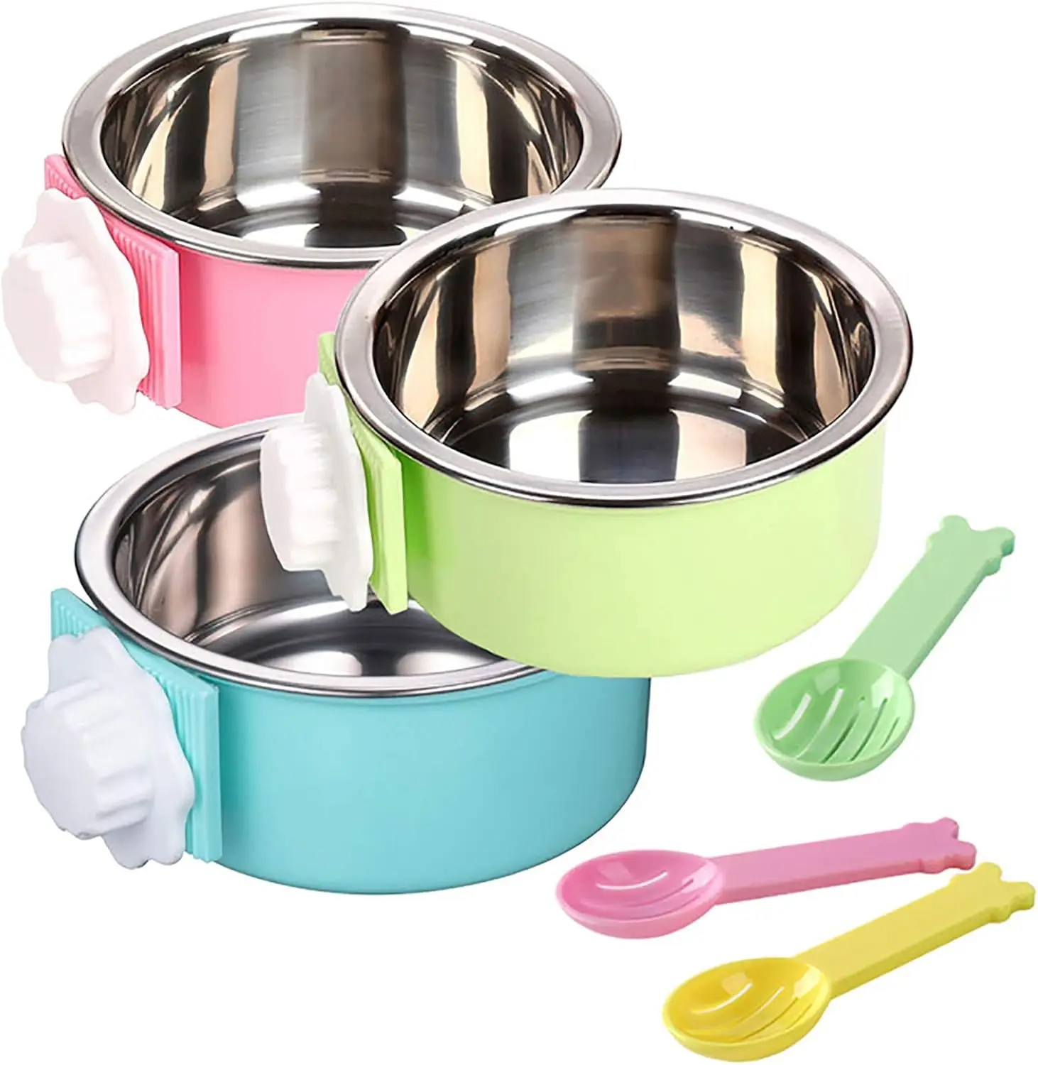

3 PCS Crate Dog Bowl, Stainless Steel Removable Hanging Cage Food Bowl Pet Food Spoon & Water Feeder Bowls Coop
