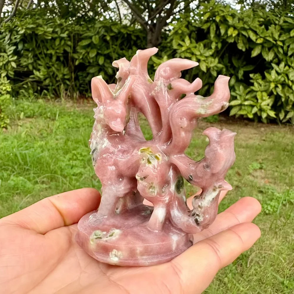 Peach Blossom Tourmaline Nine-Tailed Fox Figurine Natural Quartz Reiki Healing Crystal Mascot Collectible Ornament Souvenir