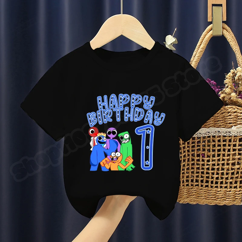 Rainbow Friends Kids Birthday Number T-shirt Children Cartoon Cute Tops Boys Girls Anime Printed Clothing Summer Kawaii Tee Gift