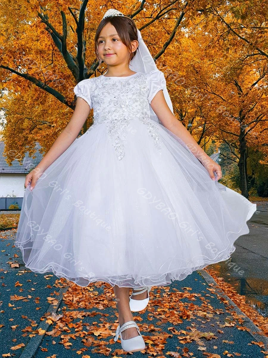 

White Lace Tulle Mini Bridal Wedding Dress for Flower Girls Puff Sleeve Tea-Length First Communion Dress Custom Made Vestidos