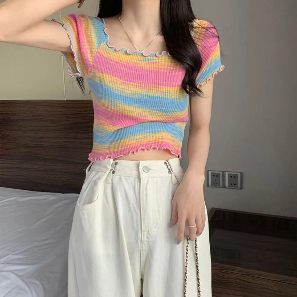 

Women's Pure Desire Style Off-Shoulder Slim Fit Short Top Summer New Style Knitted T-Shirt with Wooden Ear Western Influence
