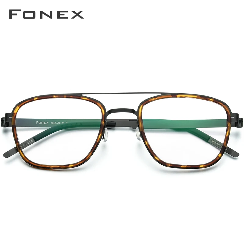 FONEX Acetate Alloy Glasses Frame Men Women Vintage Square Frames Eyeglasses Screwless Eyewear 98628