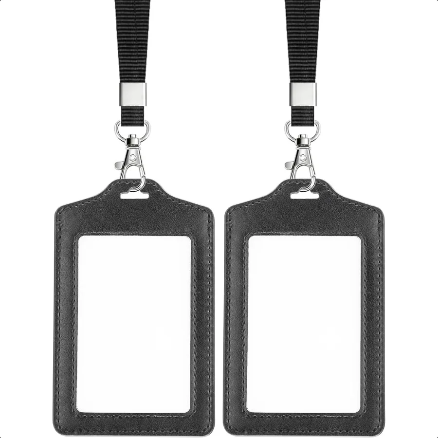 

2 Pack Double Sided Clear Badge Holder with Lanyard PU Leather ID Badge Name Card Holder with Stainl Steel JHook Nylon Lanyard