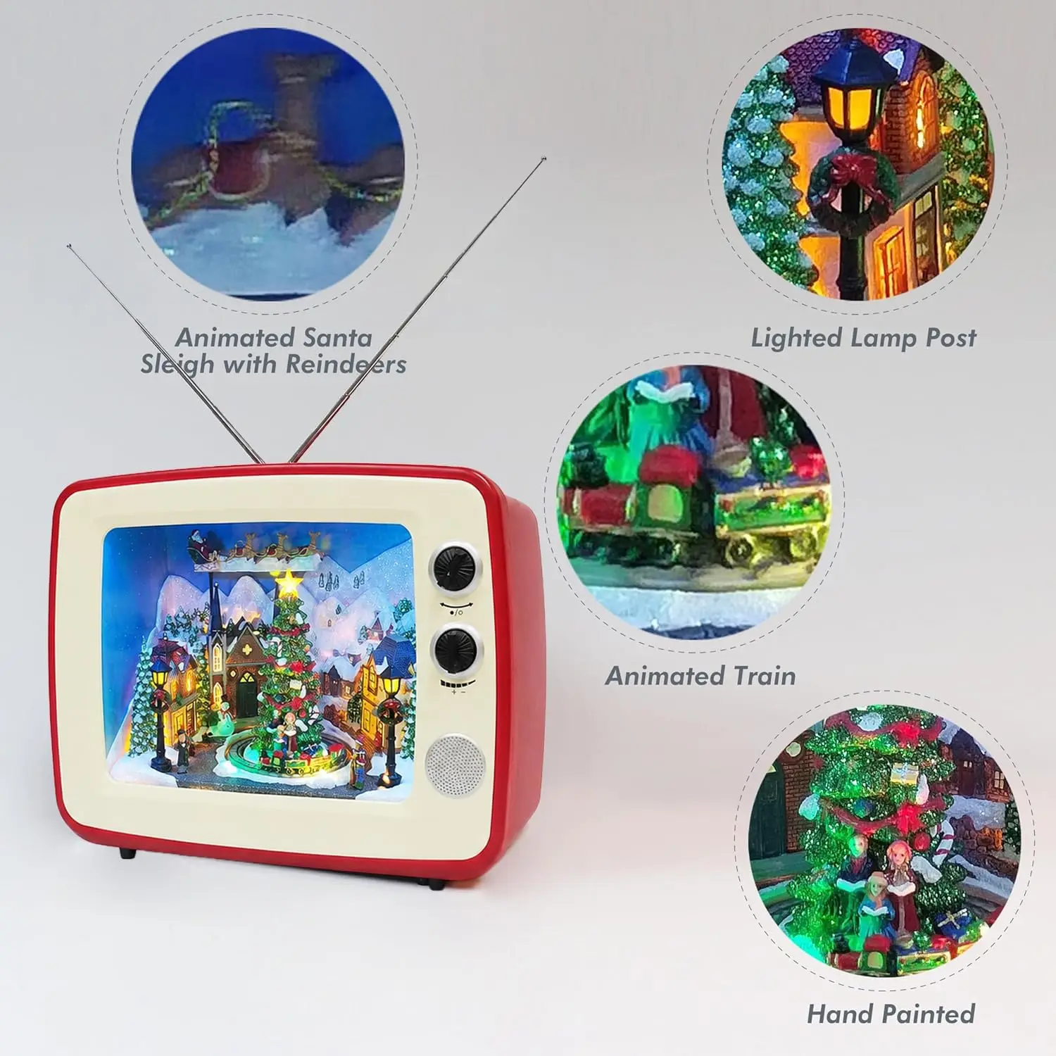 Red Retro TV Christmas Decoration, Animated LED Lighted Holiday Scene Featuring Santa Sleigh and Train, Plays 8 Classic Christmas Songs, Includes Adapter