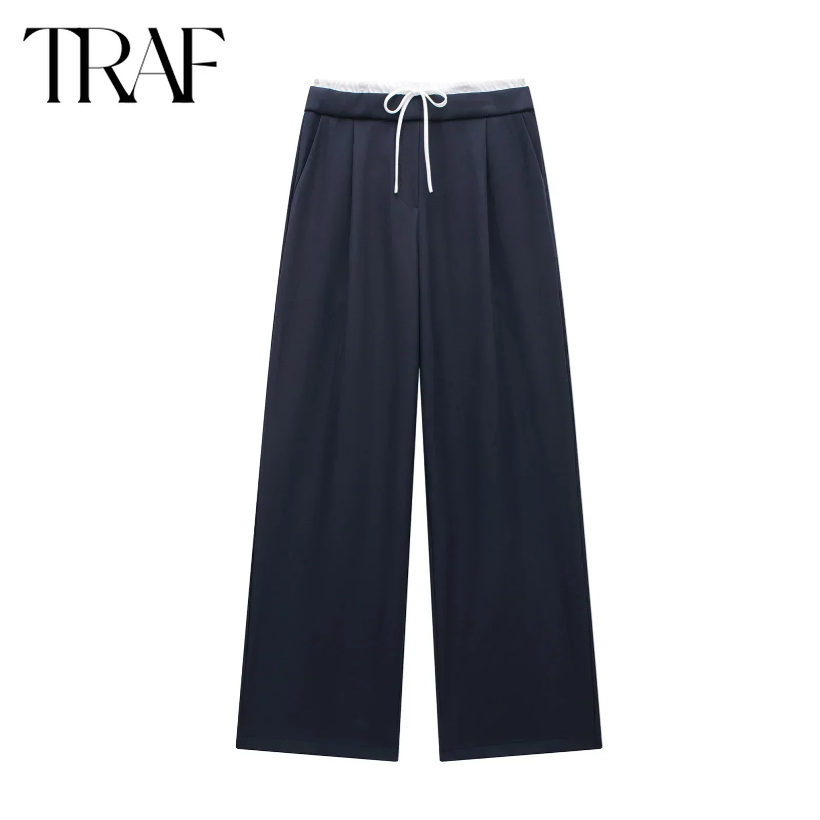 TRAF Pants for Women Fashion 2024 Autumn Winter New Spliced Casual Pleated Solid Color High Waist Zip Lace-Up A Line Trousers