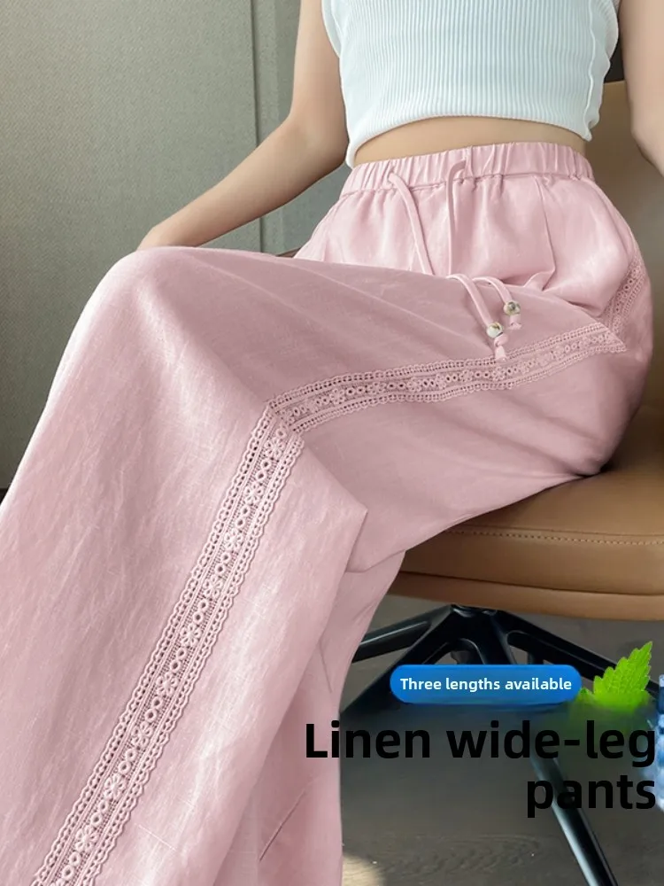 High Waist Wide Leg Pants Women Summer Thin Linen Cotton Ice Silk Lace Splicing Floor Length Sambon Pants Commute Style