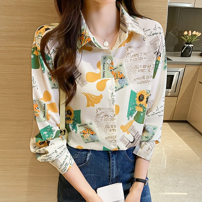 

Casual Shirts for Women Trendy Long Sleeve Button Down Office Shirts Vintage Floral Print Blouses Camisas E Blusas Feminina