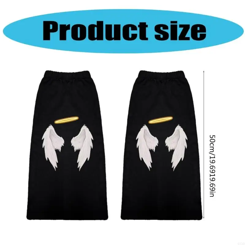 QXND Womens Punk Overknee Black Denims أغطية الساق مع Angel Wing و Halos طباعة الجرونج الساق الفضفاضة الجوارب الطويلة الجوارب