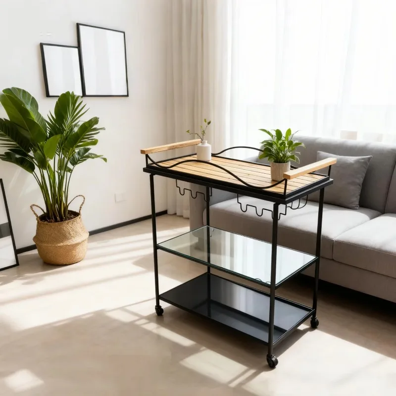 Modern European Style 4-Wheel Iron Trolley 3-Shelf Multi-Functional Durable Wine Storage Transport for Hotel Wine Cellar Home