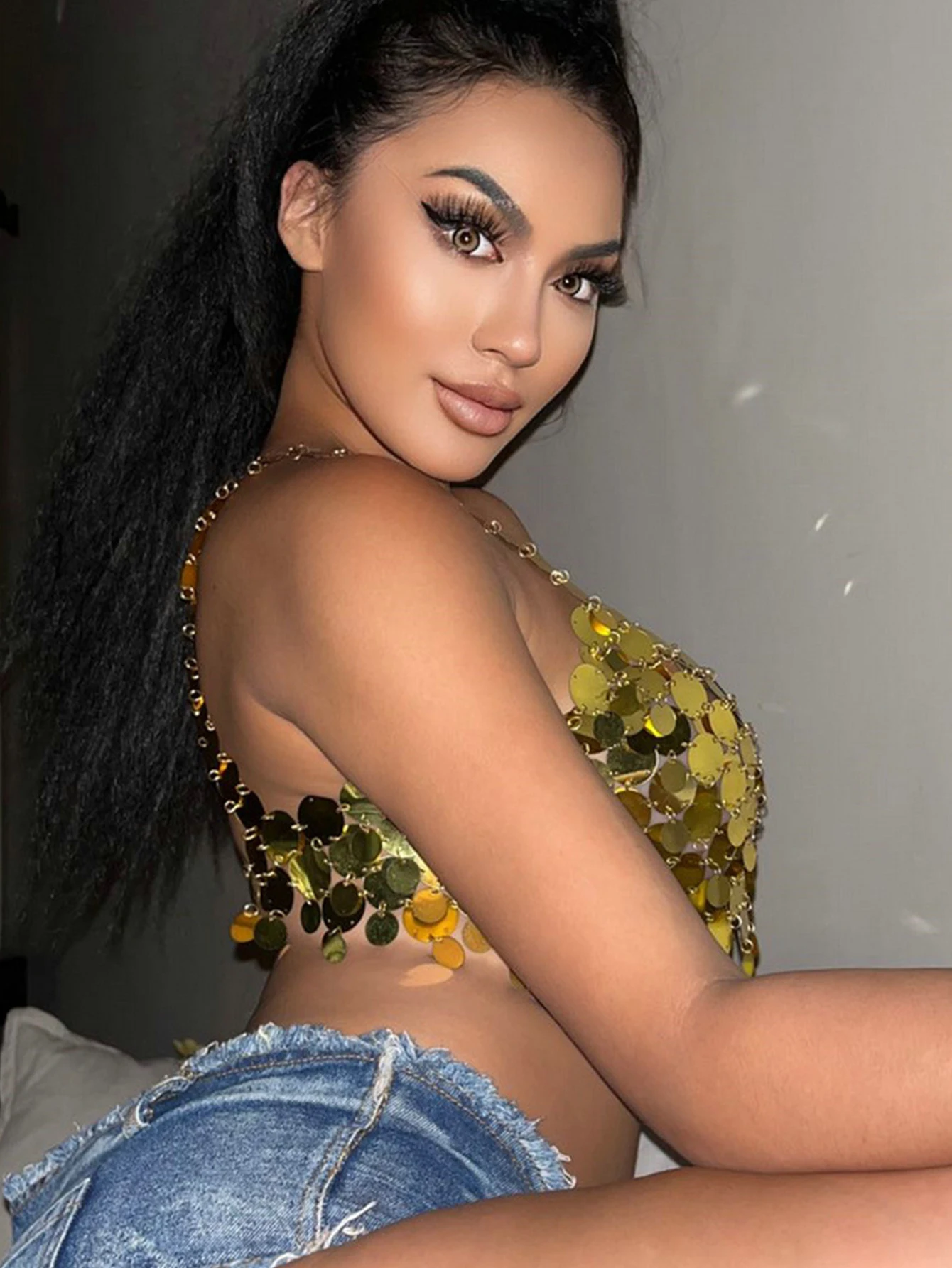 Sexy y2k clothes metal sequin corset crop top women summer see through beach club party tops woman body cropped halter tank top
