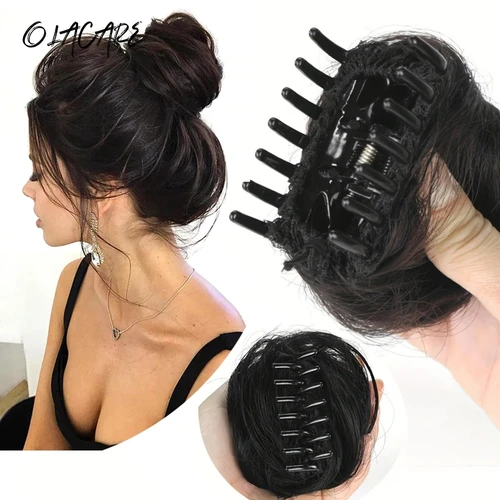 Imagen 1 del producto Moños de pelo con clip y garra sintética OLACARE Pelucas de moño gris blanco dorado resistente al calor con pinza de pelo rizado para mujer