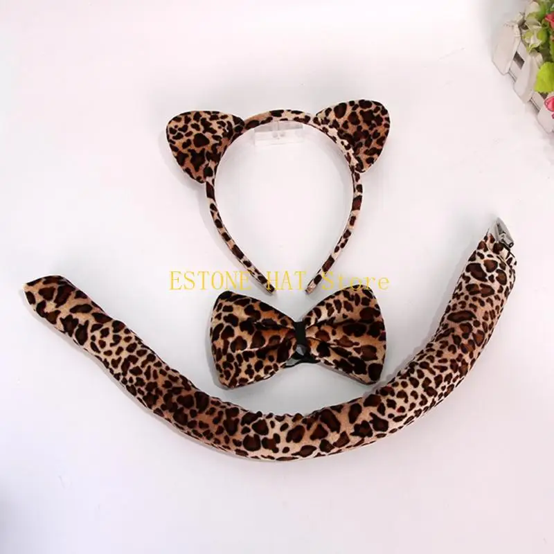 49MF Animal Look Accessory with Ear Band Tail and Leopard Neck Tie Halloween