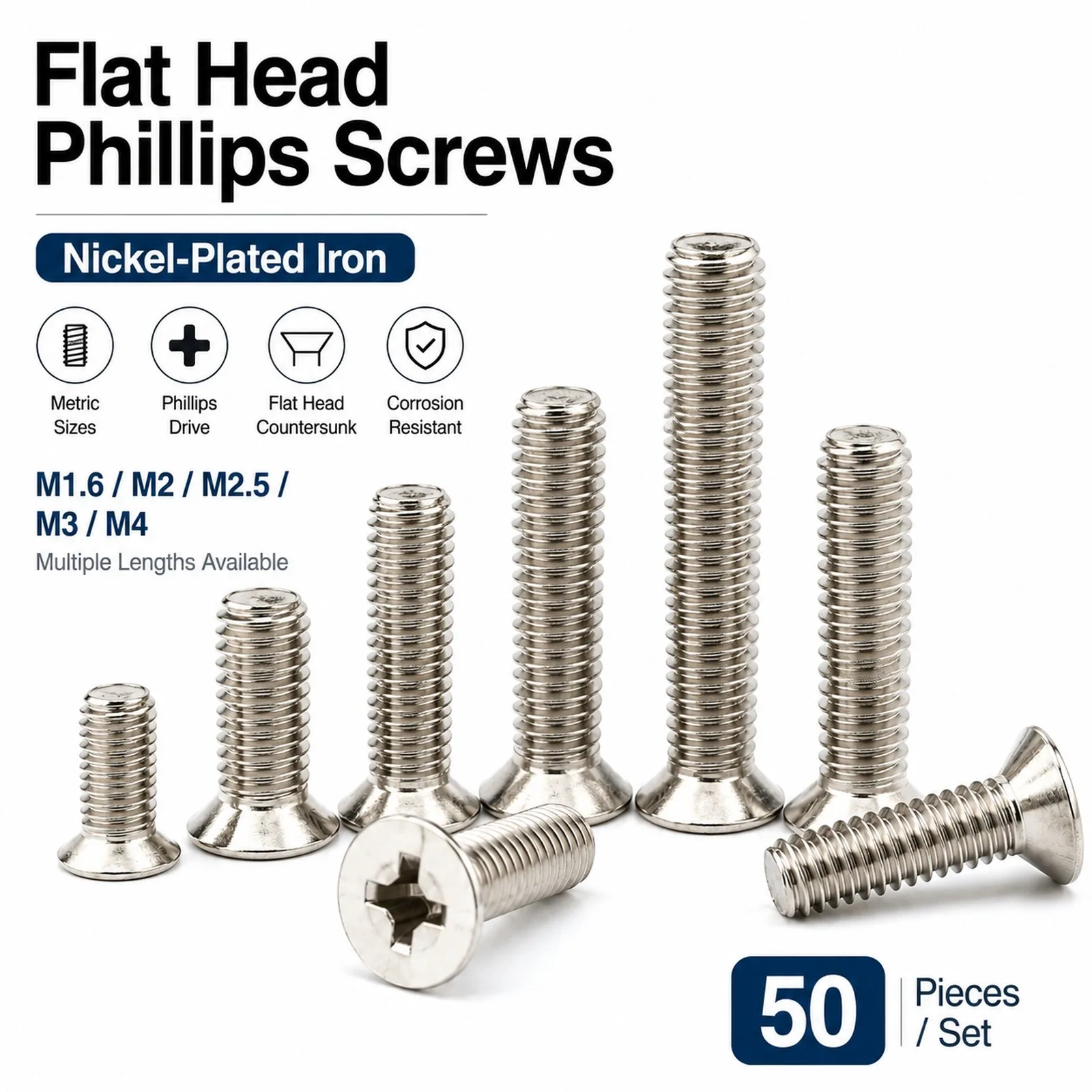50/100Pcs Protective Coating Fasteners, Iron Phillips Flat Head Machine Screws M1.6-M4, Cross Recessed Countersunk Bolts