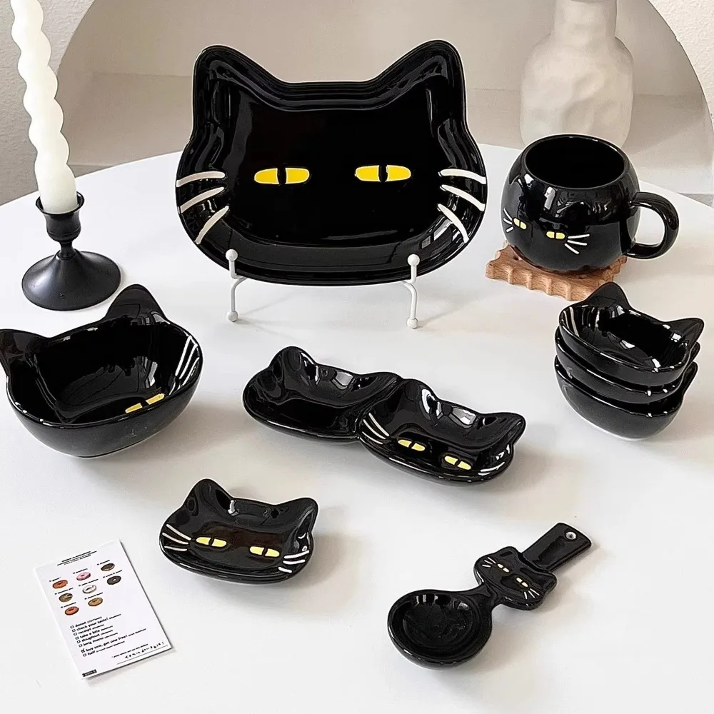 Cute Glossy Black Cat Shape Ceramic Bowls,Plates,Tableware,Black Cartoon Plates,Bowls,Cups,Household Set Plate SetsTableware