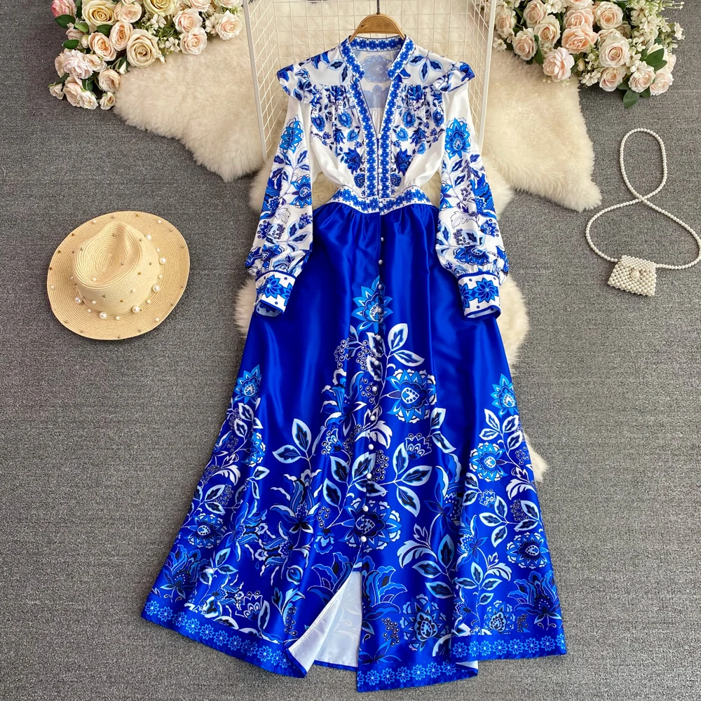 

Women's Spring Autumn V Neck Vintage Blue Print Dress Female High Waist Chic Party Long A-line Vacation Beach Dress TB383