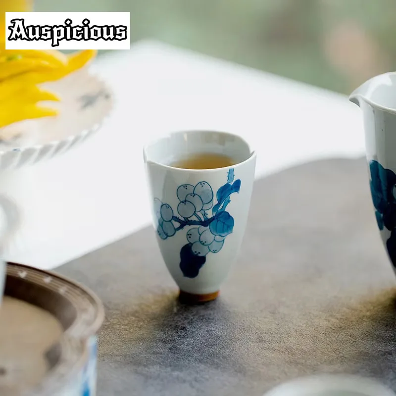 2pc/Set Ancient Pure Hand-painted Loquat Ceramic Tea Cup Two Petals Tall Master Cup Chinese Smelling Cup Kung Fu Tea Set 45ml